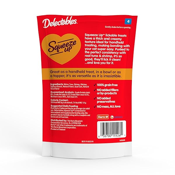 DELECTABLES SQUEEZE UP CREAMY SQUEEZABLE PUREE, LICKABLE WET CAT TREATS, GRAIN FREE, NO ADDED FILLERS, NO BY-PRODUCTS, NO ADDED PRESERVATIVES, 0.5 OUNCES TUNA & SHRIMP, 32 TUBES TOTAL