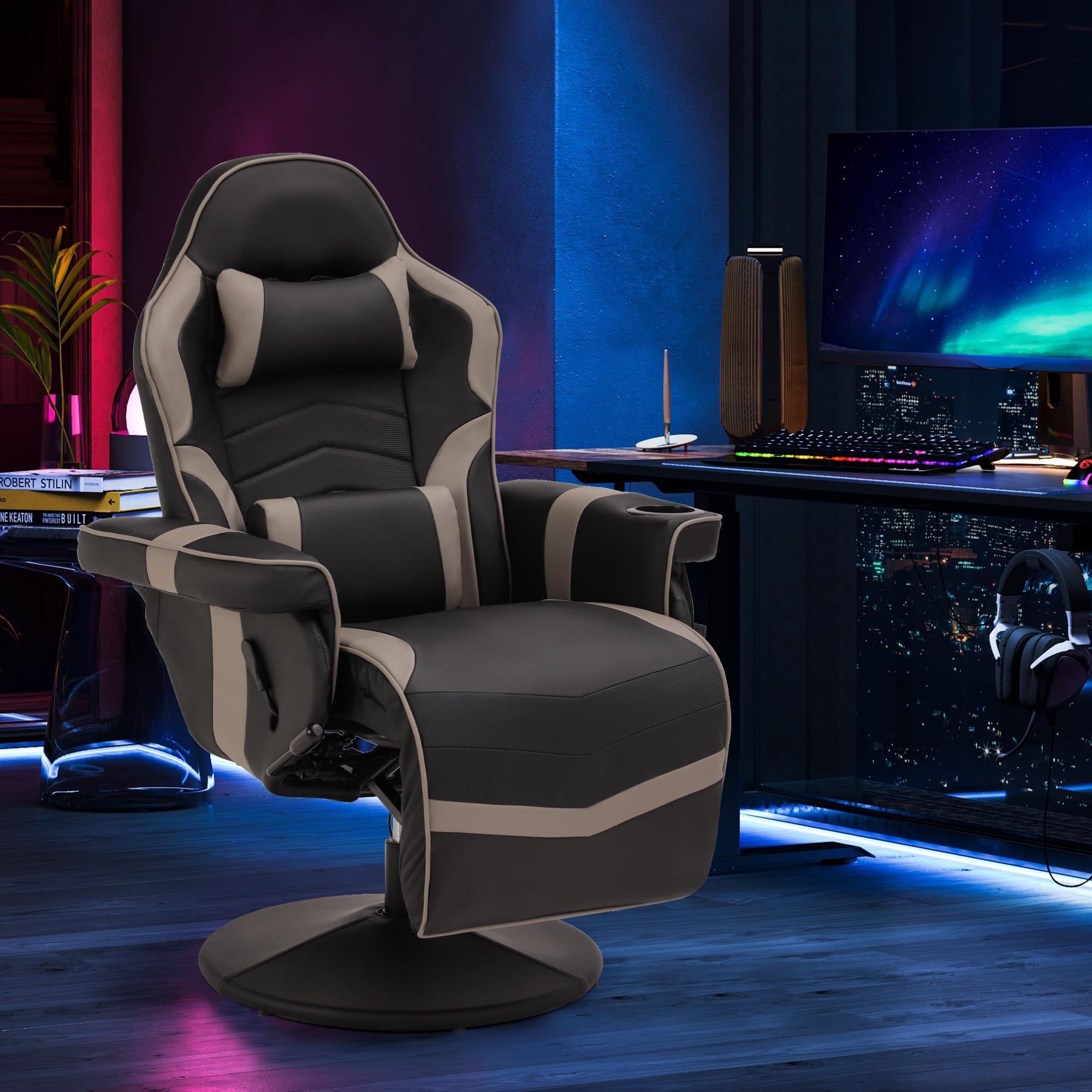 PALLOME Gaming Stuhl mit Massagefunktion, Höhenverstellbarer Gaming Chair mit Ausziehbarer Fußstütze & Getränkehalter, Ergonomischer Bürostuhl mit Kopfstütze, Drehbarer Racing Gamer Chair (Grau)