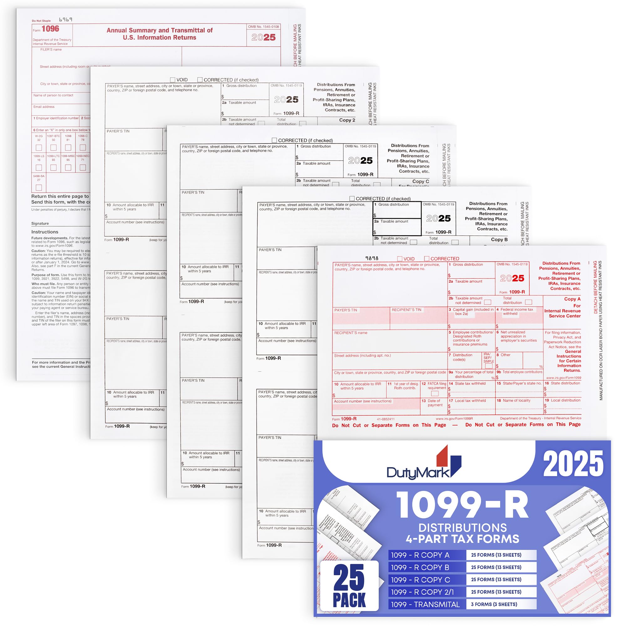 Photo 1 of 1099-R Tax Forms 2025 (distributions) 25 Sets of 4-Part, Laser Forms, Federal and State Copies (2 Forms on a Sheet) with 3 1096 Transmittals, 2025