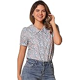 Allegra K Women's Summer Shirt Top Puff Short Sleeve Point Collar Button Down Floral Blouse
