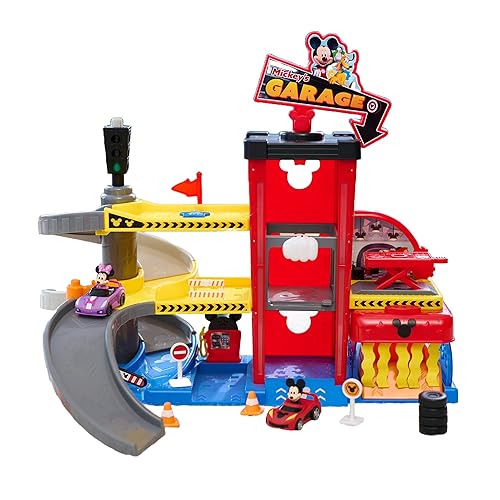 Disney Junior Mickey Mouse Ready to Race Toy Car Garage, Lights and Sounds, 19-Piece Vehicle Playset, Officially Licensed, Kids Toys for Ages 3 Up by Just Play