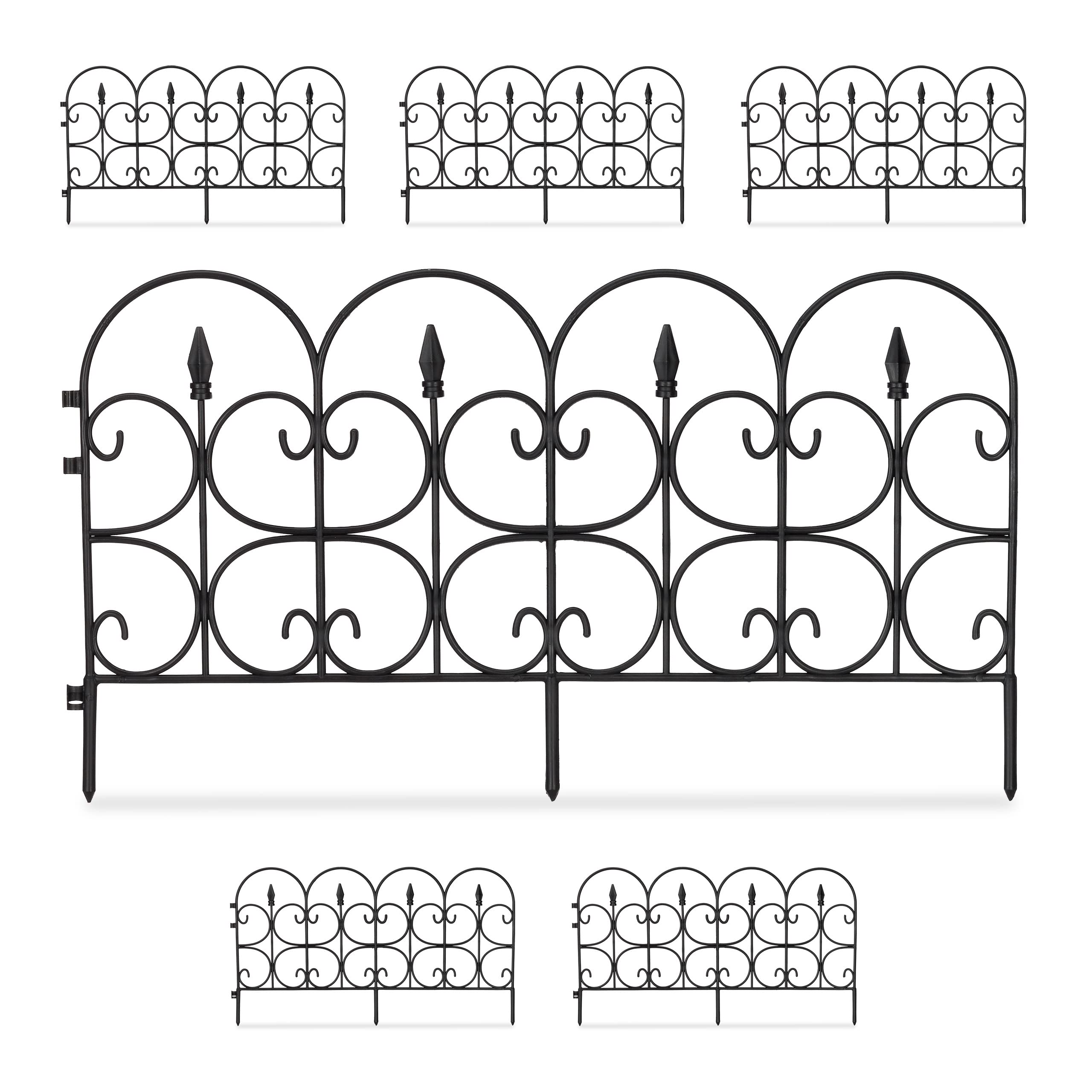 Relaxdays Weatherproof Plastic Flowerbed Fence, 30 cm Tall, Ornate Lawn Enclosure with Spikes, 6-Pc Set, 4m, Black