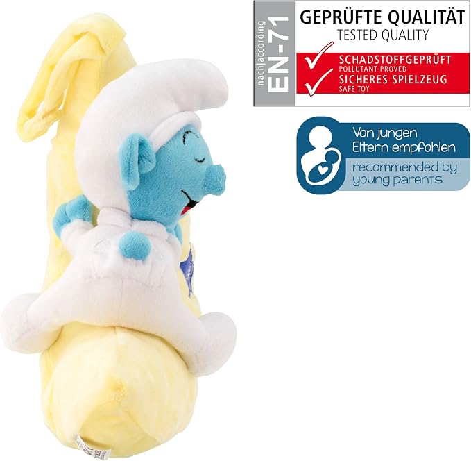 Doudou 2en1 Pour Bebes Et Tout Petits 1800 0051 Ansmann Peluche Veilleuse Bebe Schtroumpf Sur Quartier De Lune Aide Au Sommeil Adorable Pour Faire Des Calins Avec Fonction Berceuse Et Lumiere Douce Pour Un