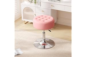 Furniliving Mid-Century Velvet Tufted Makeup Ottoman Stool, 360°Swivel Adjustable Vanity Stool Modern Big Size Vanity Chair Stools for Living Room Bedroom Bathroom, Pink