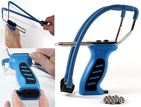 K&B Vertrieb Steinschleuder mit Kugelmagazin BLAU + Ersatzgummi + 90 Stahlkugeln 014 Futterschleuder Sportschleuder Schleuder