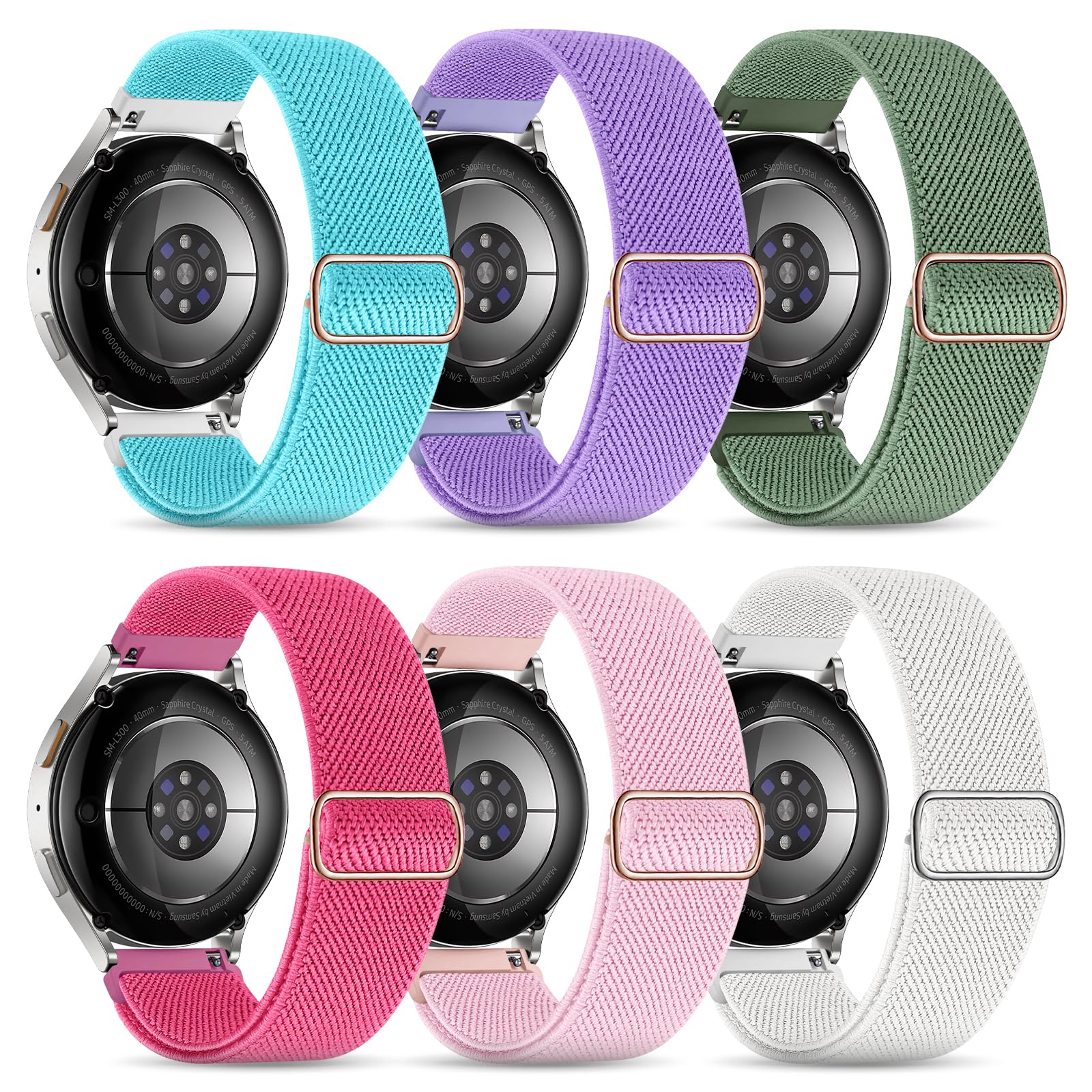 Stretchy Bands Compatible with Samsung Galaxy Watch 7 6 4 5 Band 40mm 44mm/Watch 6 4 Classic 47mm 43mm 42mm 46mm/5 Pro/FE/Active 2, 6 Pack 20mm Nylon Sport Strap for Galaxy Watch 7 Band Women Men