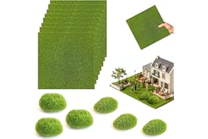 Mini Artificial Grass and Moss Craft Scenery Set, 8 Grass Squares 6 x 6 Inch with 6 Faux Moss Rocks for Diorama, Terrarium an