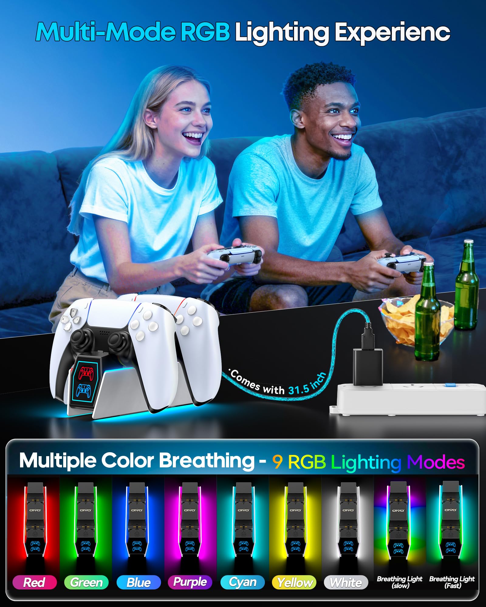 OIVO PS5 Controller Ladestation, PS5 Ladestation 2 Std Schnelllade mit EU-Netzteil für PlayStation 5 Ladestation, PS5 Ladestation Controller Zubehörsets für PlayStation 5 Wireless Controller, Weiß 6