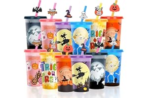 Jansun 12pcs Halloween Color Changing Cups with Lids and Straws 12Oz Reusable Plastic Cups for Party Decorations for Halloween Party Favors Supplies