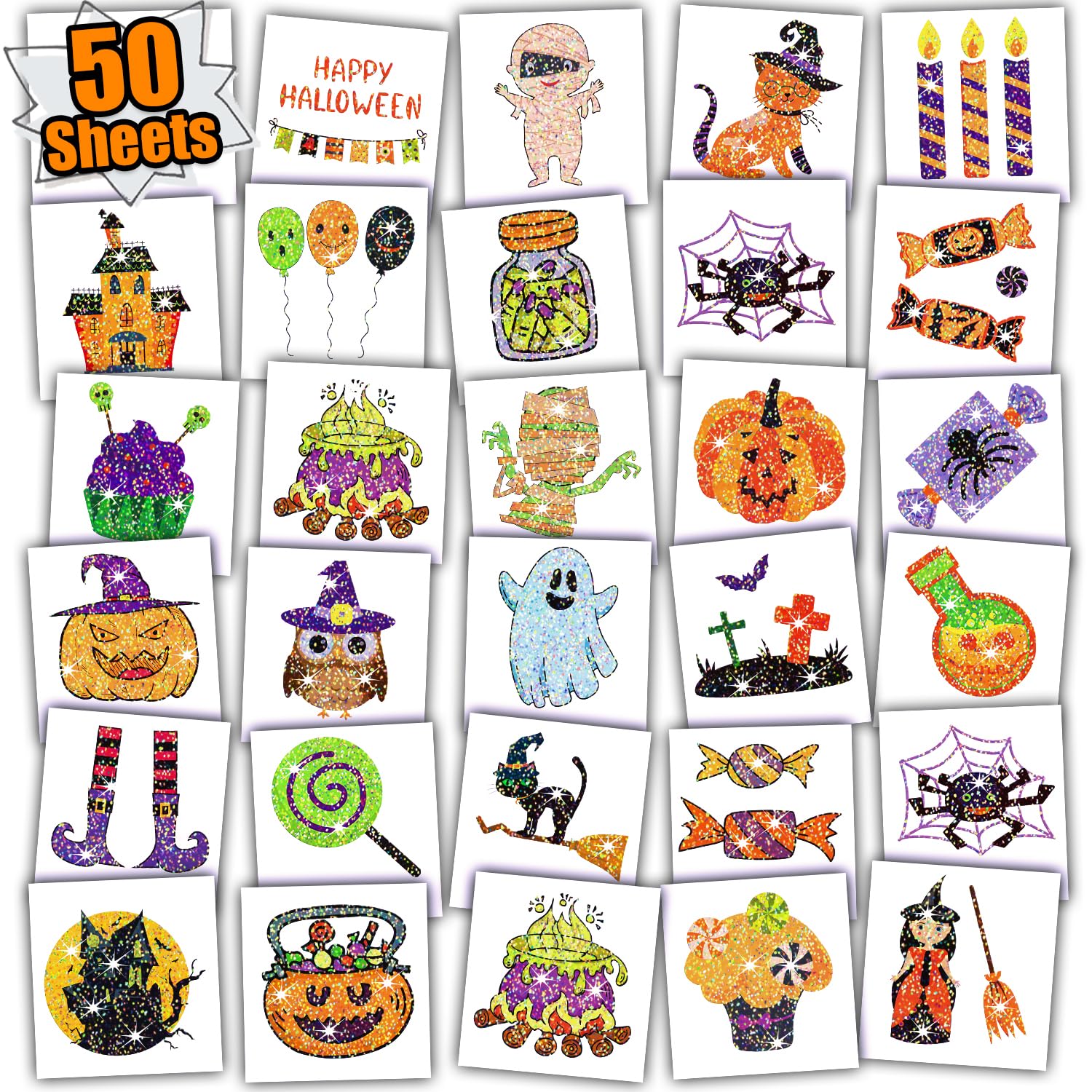 Leesgel Halloween Glitter Tattoos for Kids, 50 Non-repetitive Halloween Designs, Waterproof, Suitable for Kids' Activities