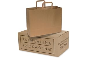 Prime Line Packaging Kraft Paper Bags, Brown Shopping Bags Large with Handles for Small Business, Grocery, Retail Supplies, Delivery Use, Takeout, Lunch Bags, Bulk, 16x6x12, 100 Pack