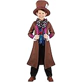 Kids Wacky Mad Hatter Costume, Crazy Hatter Outfit With Jacket With Patchwork Vest Panels, Top Hat, And Satin Bowtie