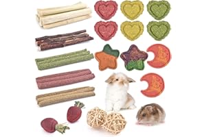 ERKOON 33PCS Bunny Chew Toys for Rabbits Teeth, Natural Rabbit Toys Apple Wood Sticks, Carrot, Timothy Grass Treats for Small Pets, Hamster, Chinchilla, Guinea Pig Dental Care and Treat Teething Toys