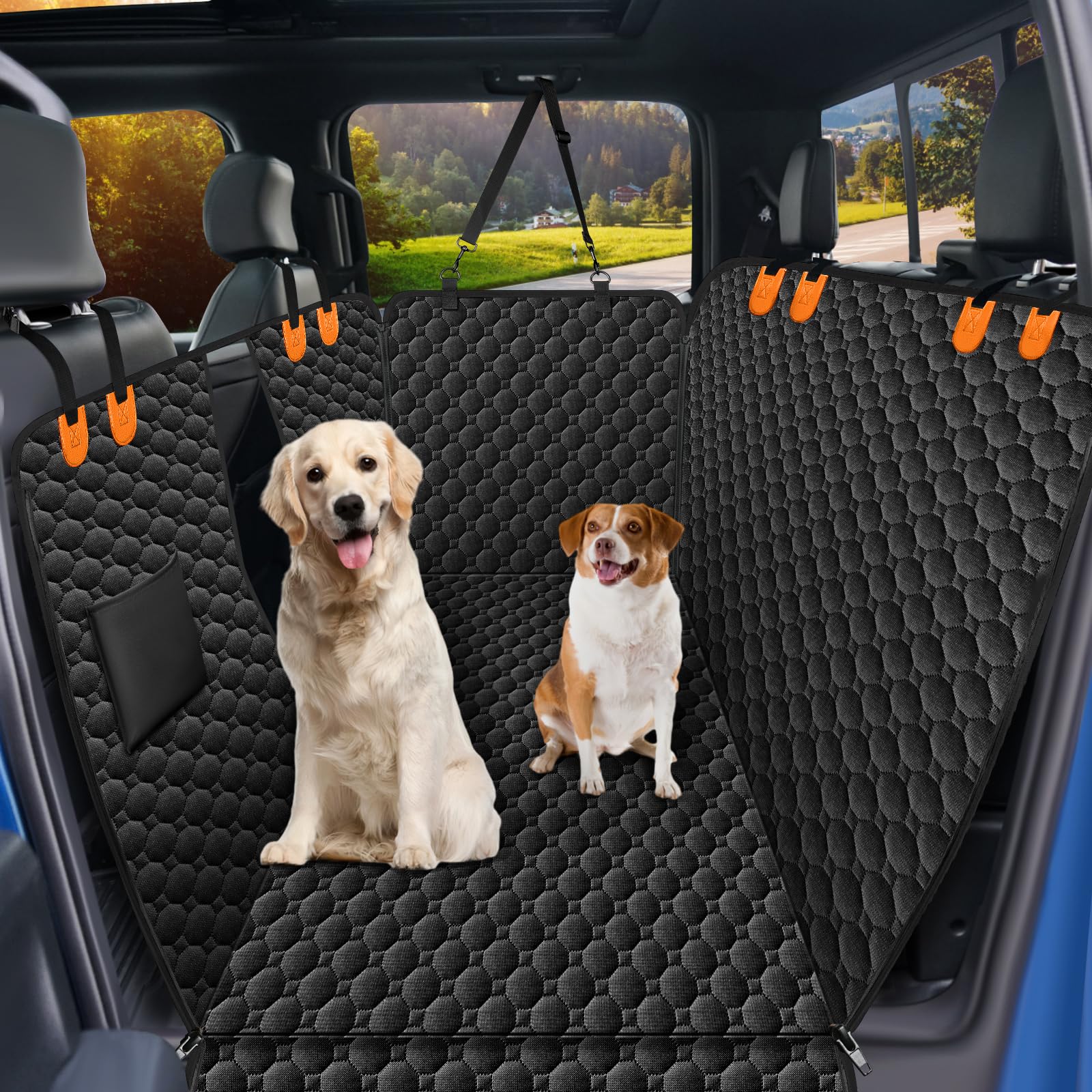Photo 1 of Mancro Floor Dog Hammock for Truck with Flip Up Rear Seats, Waterproof Dog Back Seat Cover with Mesh Window Heavy Duty Back Seat Cover for Dogs, Compatible with F150, Chevy Silverado & RAM, Orange