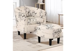 CANMOV Modern Accent Chair with Ottoman, Upholstered Barrel Small Club Chairs with Footrest, Curved Backrest & Armrests, Roun
