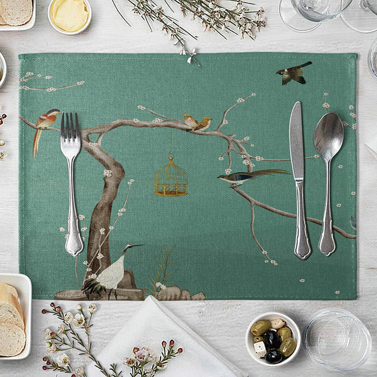 Daesar Placemats For Dining Table 4 Pack, Kitchen Placemats Cotton Linen Tree Bird Cage and Bird Grey Green Placemats Kitchen 16x12 Inch