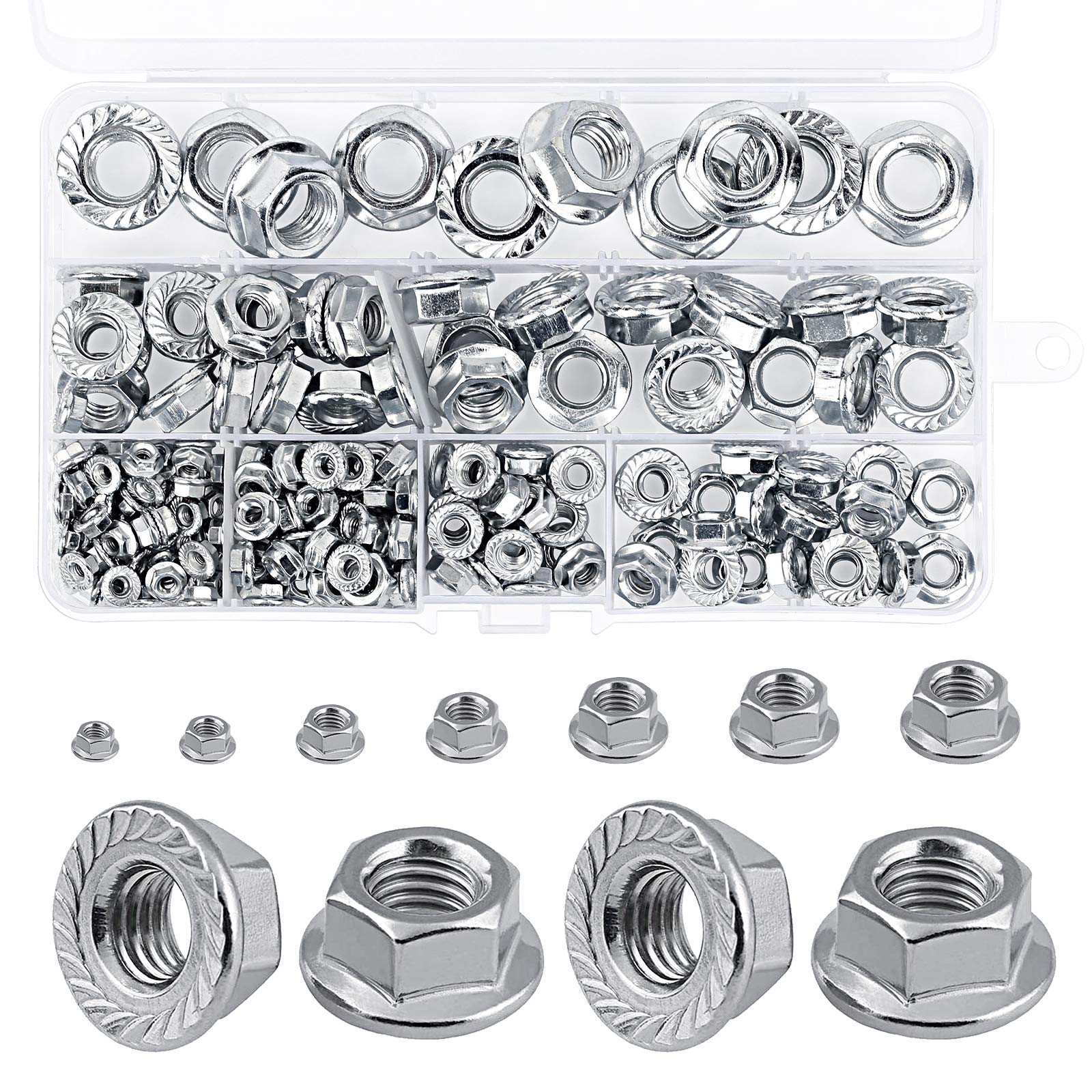 HAKOTOM 180pcs Hex Flange Nuts,Serrated Nut Universal Locknuts Assortment Kit with Size M3 M4 M5 M6 M8 M10 M12 for Furniture Industry Civil Engineering Construction DIY