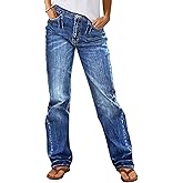 Flamingals Straight Leg Boyfriend Jeans for Women Trendy Mid Rise Wash Stretchy Casual Baggy Jeans