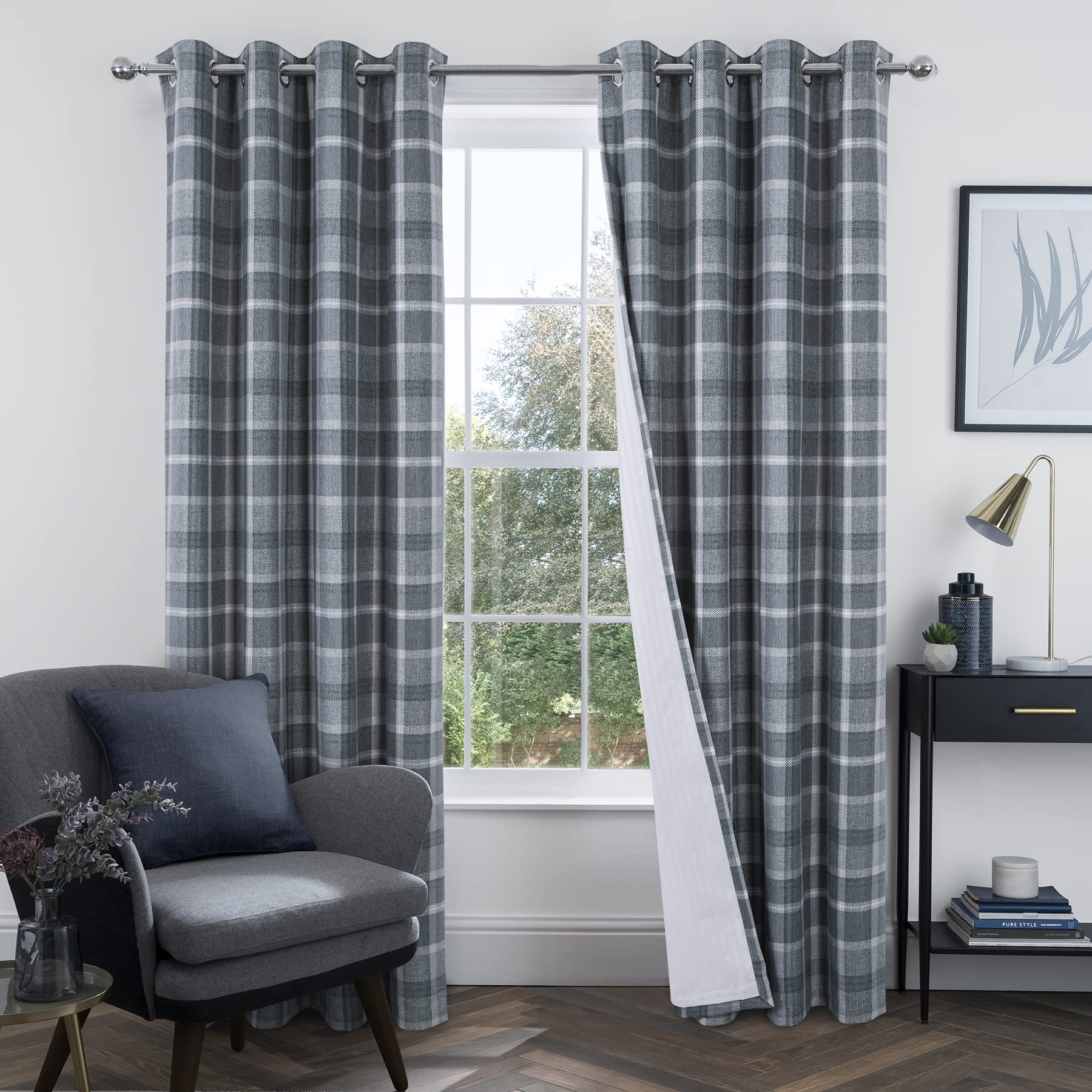 always4u 100% Blackout Curtains Check Eyelet Curtain Bedroom Plaid Woven Brushed Cheque Pair of Highland Woolen Look Window Treatment for Living Room Grey 46 * 72 Inches