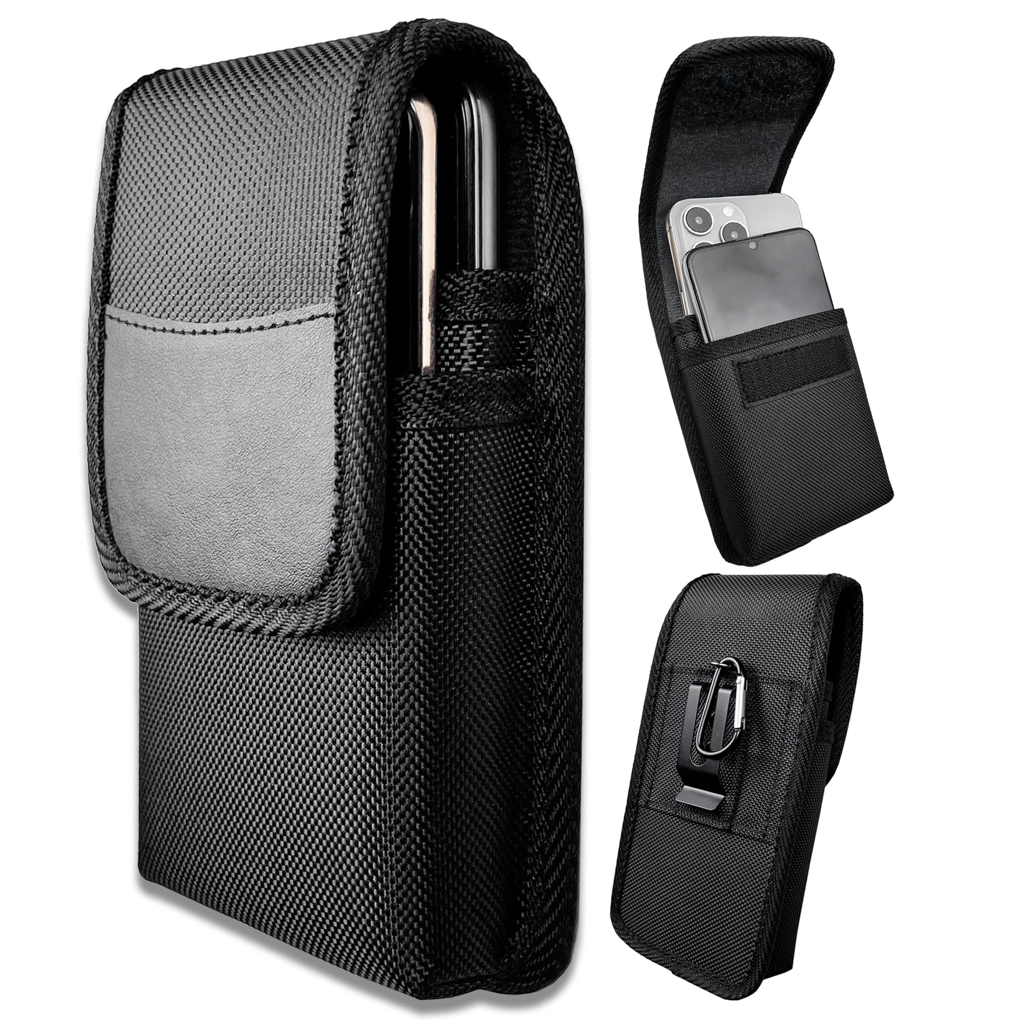 Dual Phone Holder, Heavy-Duty Two Phone Holster, Double Phone Case with Sturdy Reinforced Belt Clip Waist Pouch for iPhone/Samsung Galaxy/Moto/Google Pixel Smartphones, Hook & Loop Closure-Black