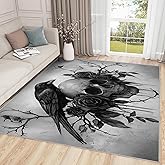 Gothic Rugs for Bedroom - 5x7 Rug, Skull Home Decor, Goth Crow Washable Rugs for Living Room Bedroom, Black Rose Floral Area Rug, Gothic Skeleton Raven Carpet, Gothic Gifts for Women
