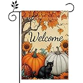 Fall Cat Pumpkin Garden Flag for Outside 12x18 Inch Double Sided Burlap Autumn Thanksgiving Maple Leaf Sunflower Flowers Farmhouse Holiday Rustic Outdoor Yard Flag Home Decorations