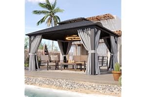 Aoxun Hardtop Gazebo 10x12, Aluminum Frame Canopy with Double Galvanized Steel Roof, Outdoor Gazebo with Breathable Netting and Privacy Curtain for Backyard