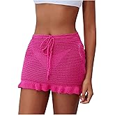SHENHE Women's Drawstring Swim Cover Up Skirt Ruffle Hem Crochet Hollow Out Beach Skirt Ruffled Hot Pink Large