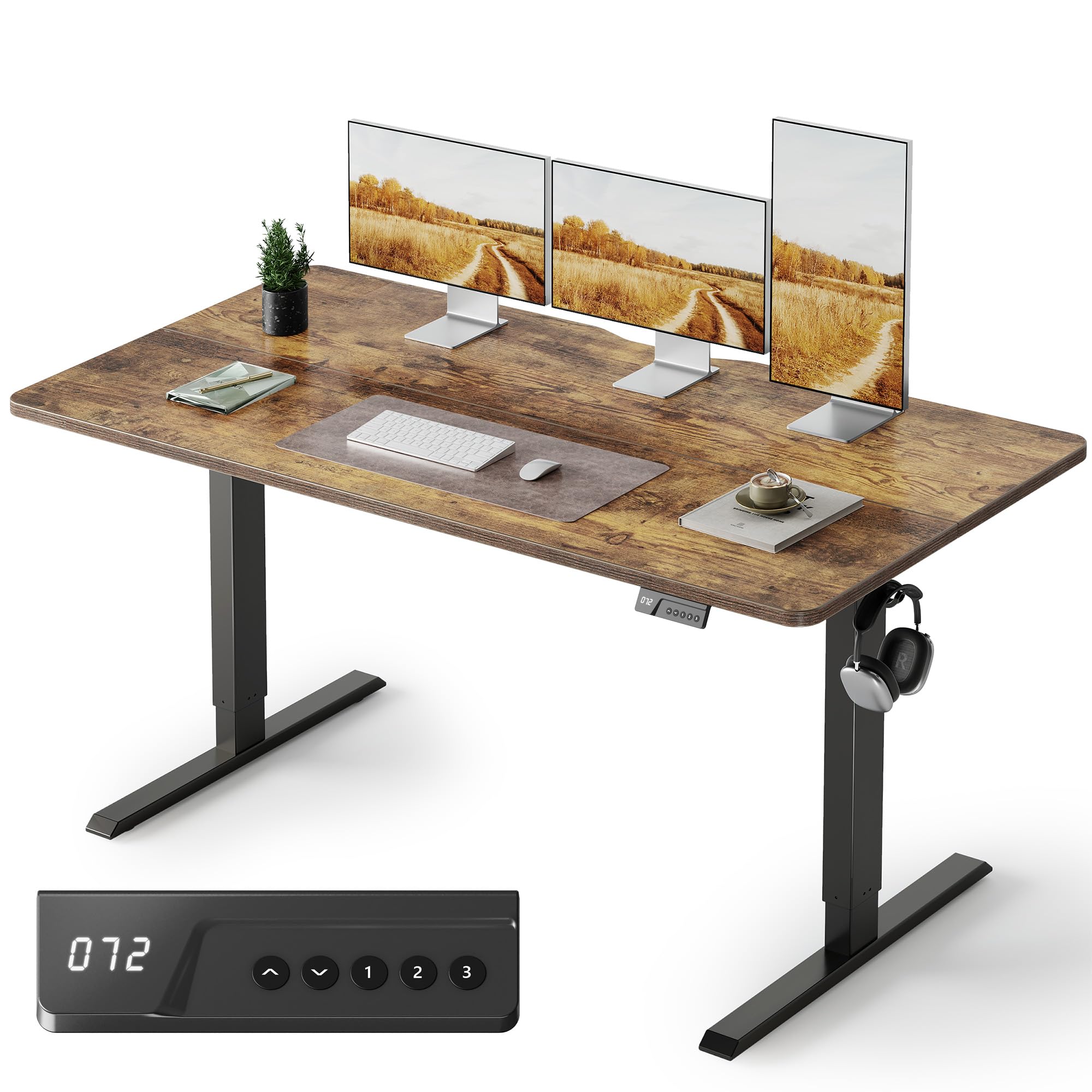 Cubiker Standing Desk, 63x28 Inches Sit Stand Home Office Desk, Electric Stand up Desk, Adjustable Desk with Splice Board, Black Frame/Rustic Brown Top Image