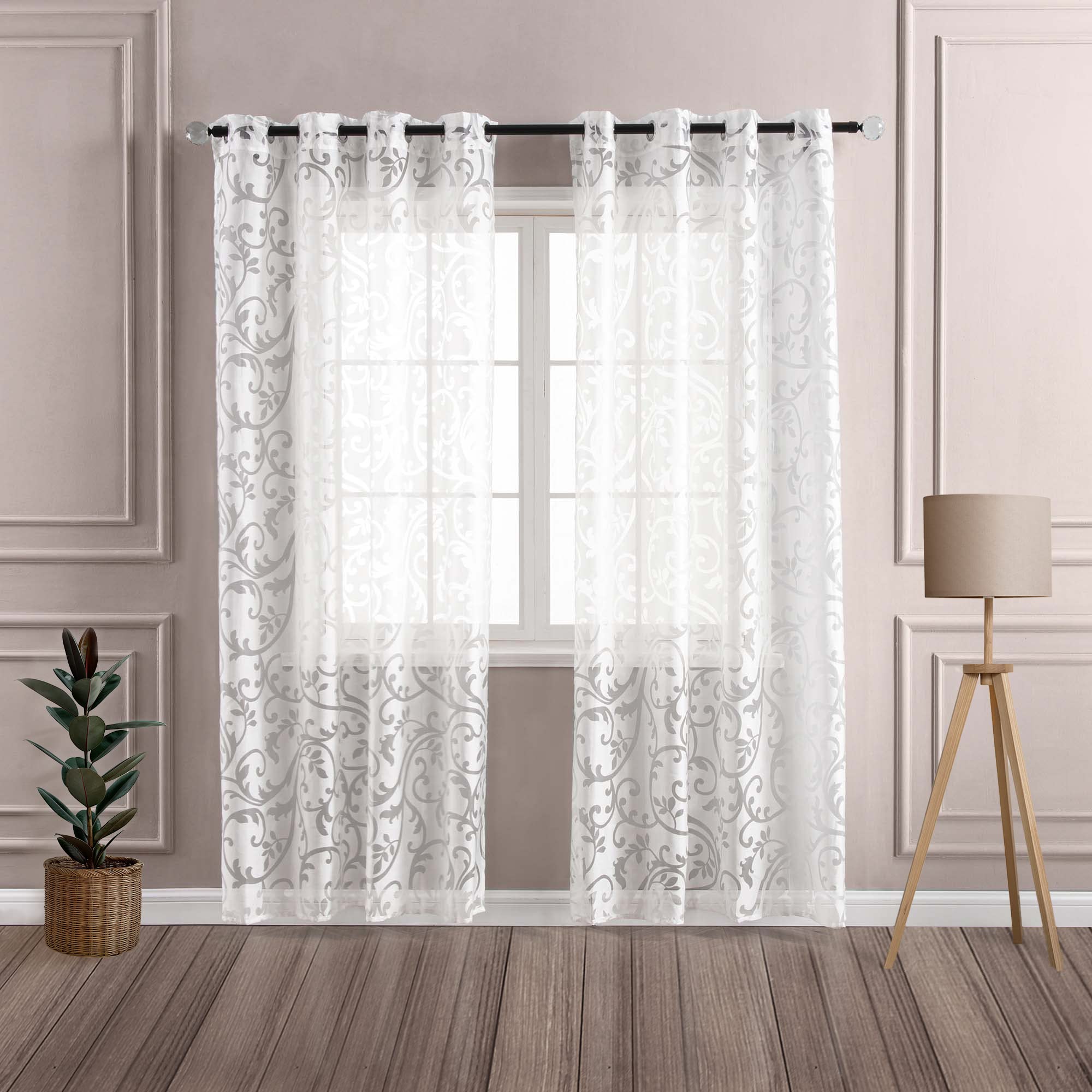 Delien Voile curtain with tendrils pattern, transparent, with eyelets, 140 x 245 cm, white, 1 piece