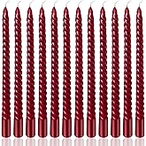10 Inch Burgundy Spiral Taper Candles Set for Christmas and Valentine's Day, 12 Pack Unscented Red Candlesticks, Dripelss Thin Candles for Wedding Religious and Political Events