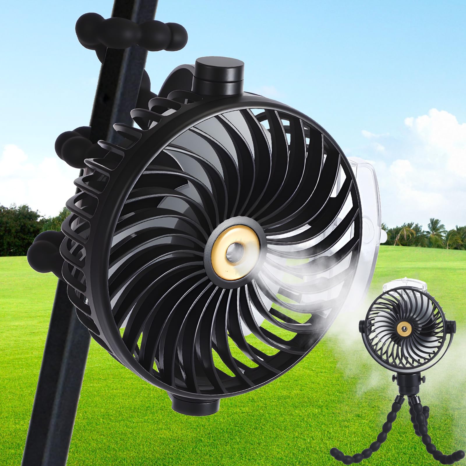 Photo 1 of Kittmip 2 Pcs Golf Cart Fan with Mist Rechargeable Battery Operated Portable Fan with Flexible Tripod 360°Pivot 5 Speeds 2400mAh 10Hrs Work Cooling for Treadmill Car Travel Work Beach Office Outdoor