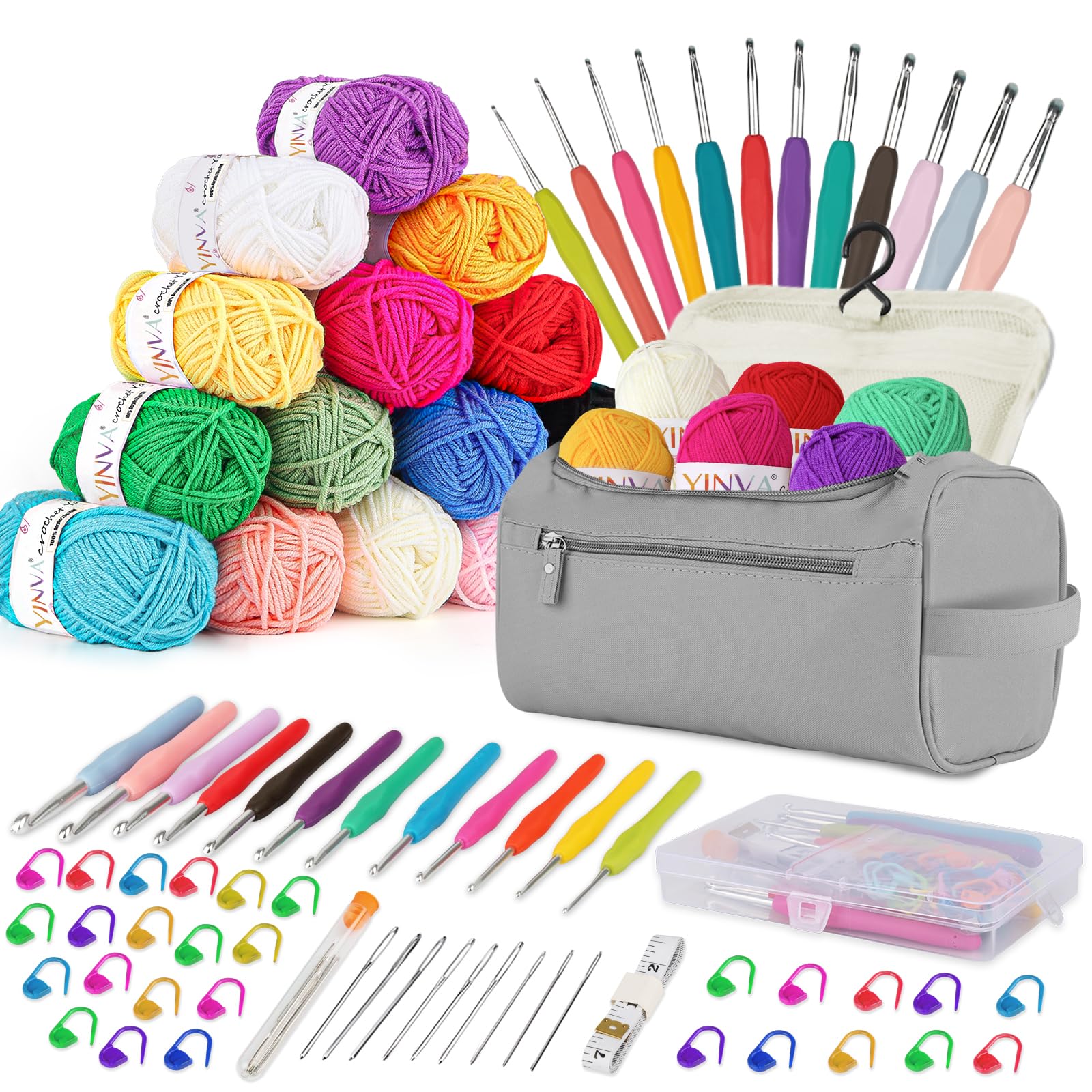 YINVA Crochet Kits for Beginners Adults Crochet Hooks Set 15Pcsx25g Crochet Yarns Ergonomic Metal Crochet Hooks 2mm-8mm Knitting Accessories Tools Storage Case Needles Crochet Starter Kit-Light Gray