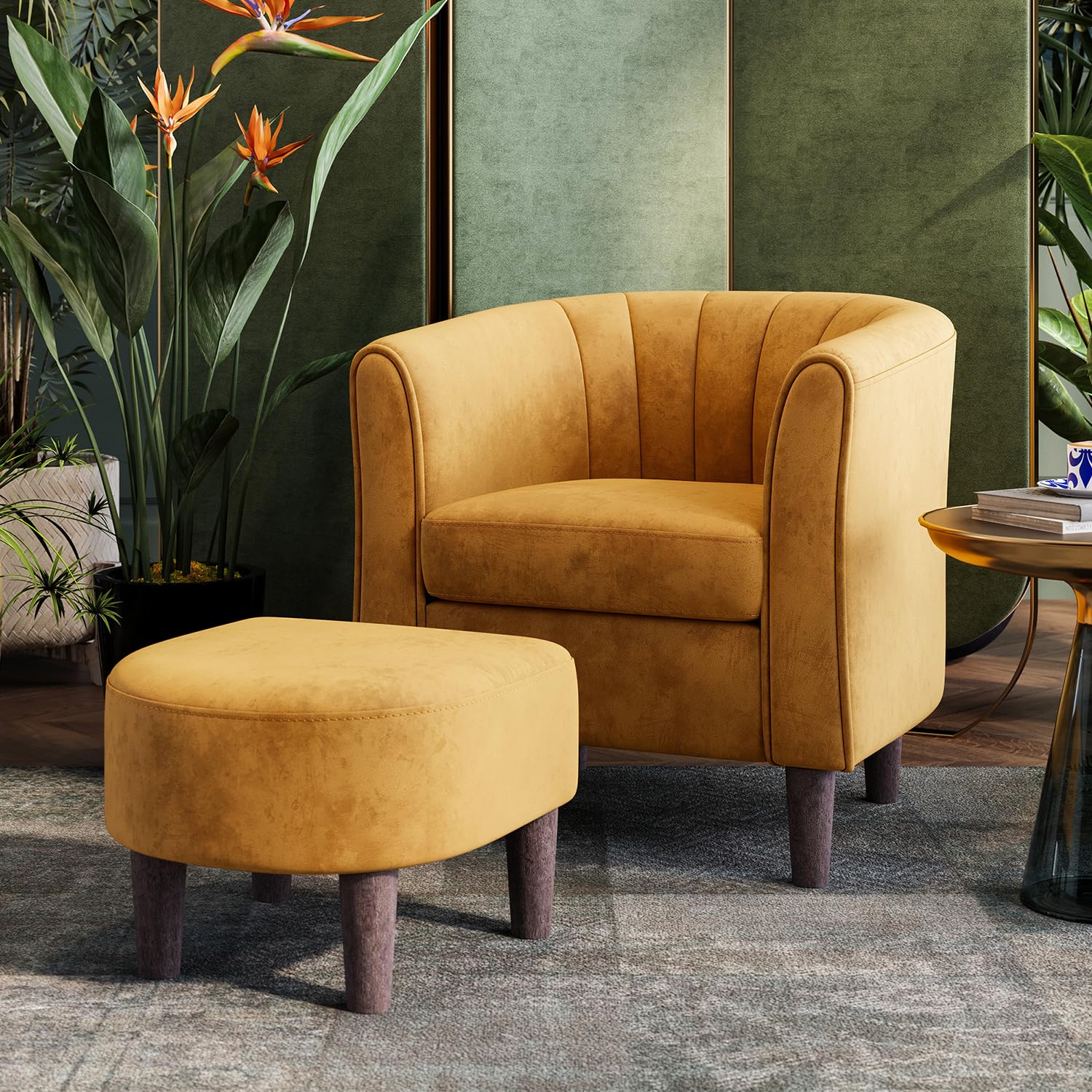 View 1 of **NOTE: THEY MAY NOT INCLUDE THEIR LEGS** LINSY Accent Chair with Ottoman, Modern Barrel Chair Small Armchair Reading Chair with Footrest, Comfy Round Arms Chair for Living Room Bedroom Reading Room, Velvet, Yellow