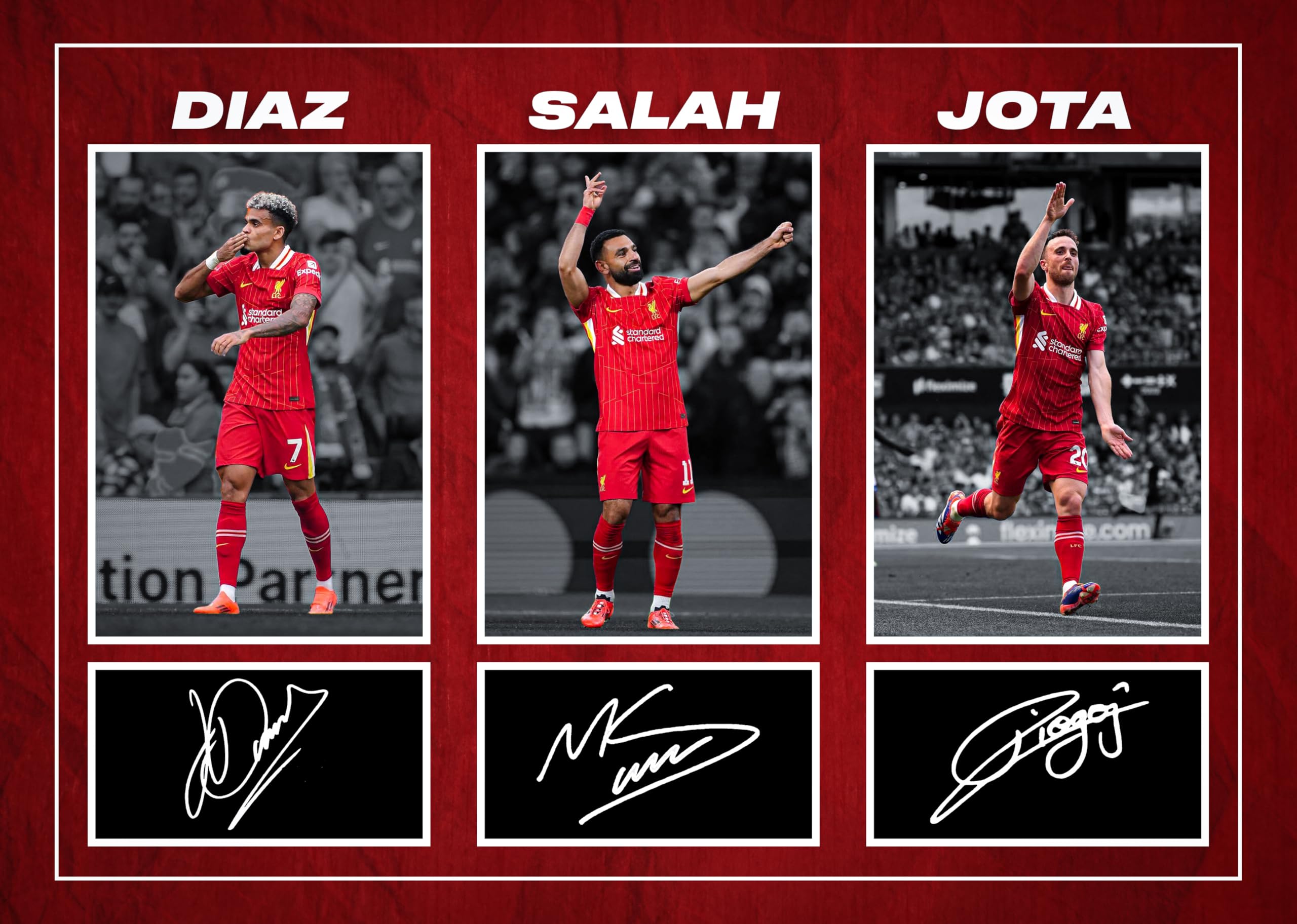 RJR PRINTS Mo Salah, Luis Diaz & Diogo Jota - Liverpool Football Players Signed A4 Montage Autograph Photo Print With Pre Printed Signatures That Would Make A Superb Gift For Any Fan.