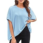 Falechay Womens Tops Crewneck Batwing Short Sleeve Shirts Ribbed Striped Casual Tee Women Oversized Loose Fit Trendy T-Shirts