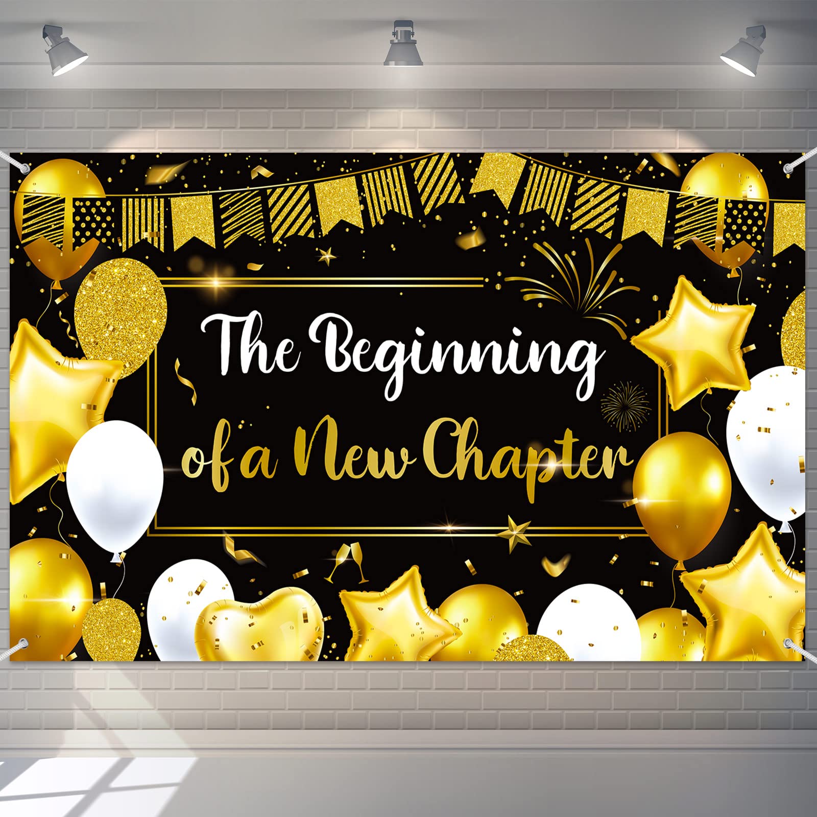 Photo 1 of Frienda Retirement Farewell Party Decorations Beginning of a New Chapter Decor Retirement Banner for Party Sign Extra Large Black Gold Backdrop for Miss You Going Away, 71 x 43 Inch