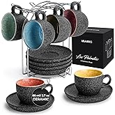 MIAMIO – 2.7 Oz Ceramic Stackable Espresso Cups with Saucers and Metal Stand, Set of 6 Espresso Cup, Demitasse Cups, Coffee Mugs for Espresso, Latte, Café Mocha & Tea – Las Palmitas Collection