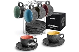 MIAMIO – 80 ml Ceramic Stackable Espresso Cups with Saucers and Metal Stand, Set of 6 Espresso Cup, Demitasse Cups, Coffee Mu