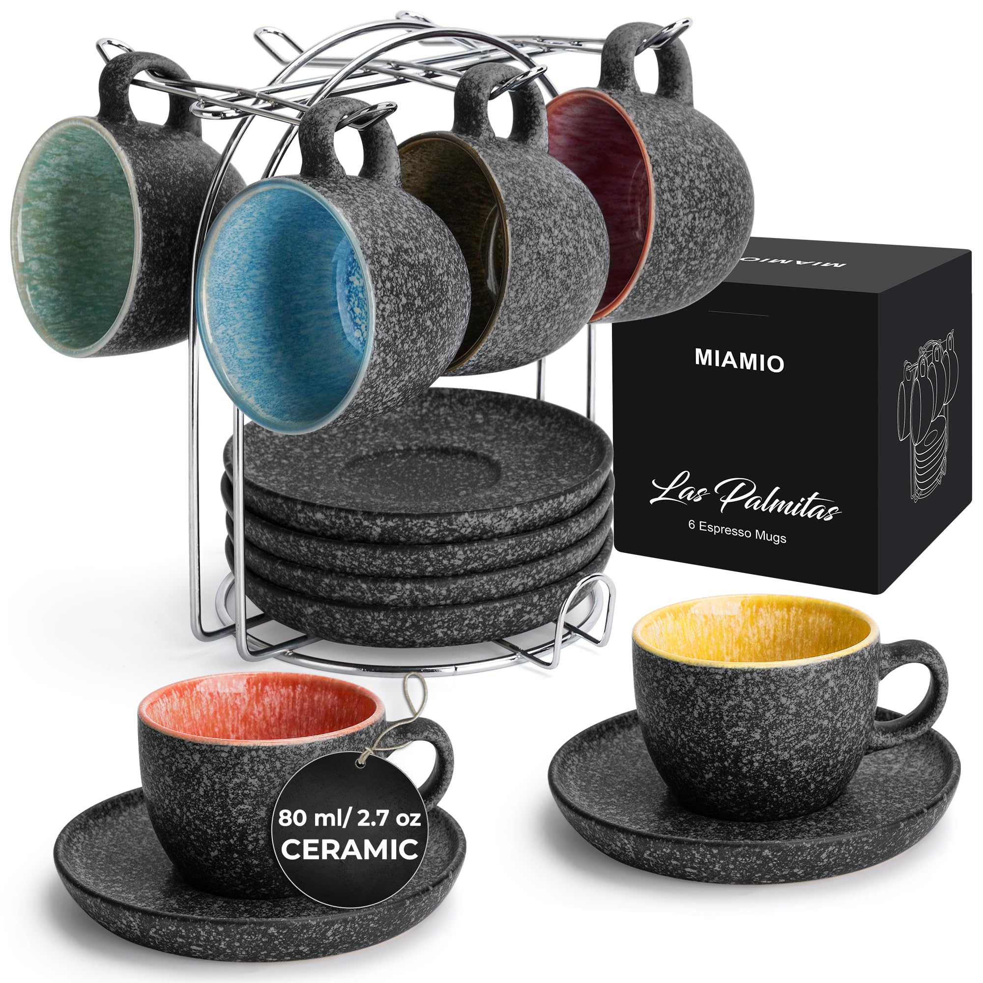 MIAMIO – 80 ml Ceramic Stackable Espresso Cups with Saucers and Metal Stand, Set of 6 Espresso Cup, Demitasse Cups, Coffee Mugs for Espresso, Latte, Café Mocha & Tea – Las Palmitas Collection
