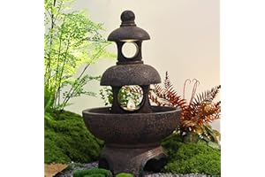 Tankana Outdoor Garden Water Fountain - Modern Tranquil Zen Pagoda Waterfalls Fountains with LED Lights & Pump for Patio Yard Porch Pool Decor, Brown, 26.2 inches