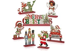 Vercraft 7 Pcs African American Christmas Decorations Table Signs Wooden Table Top Xmas Decor Centerpieces with Black Santa Nutcracker Joy Letter Truck for Holiday Vintage Rustic Home Tiered Tray