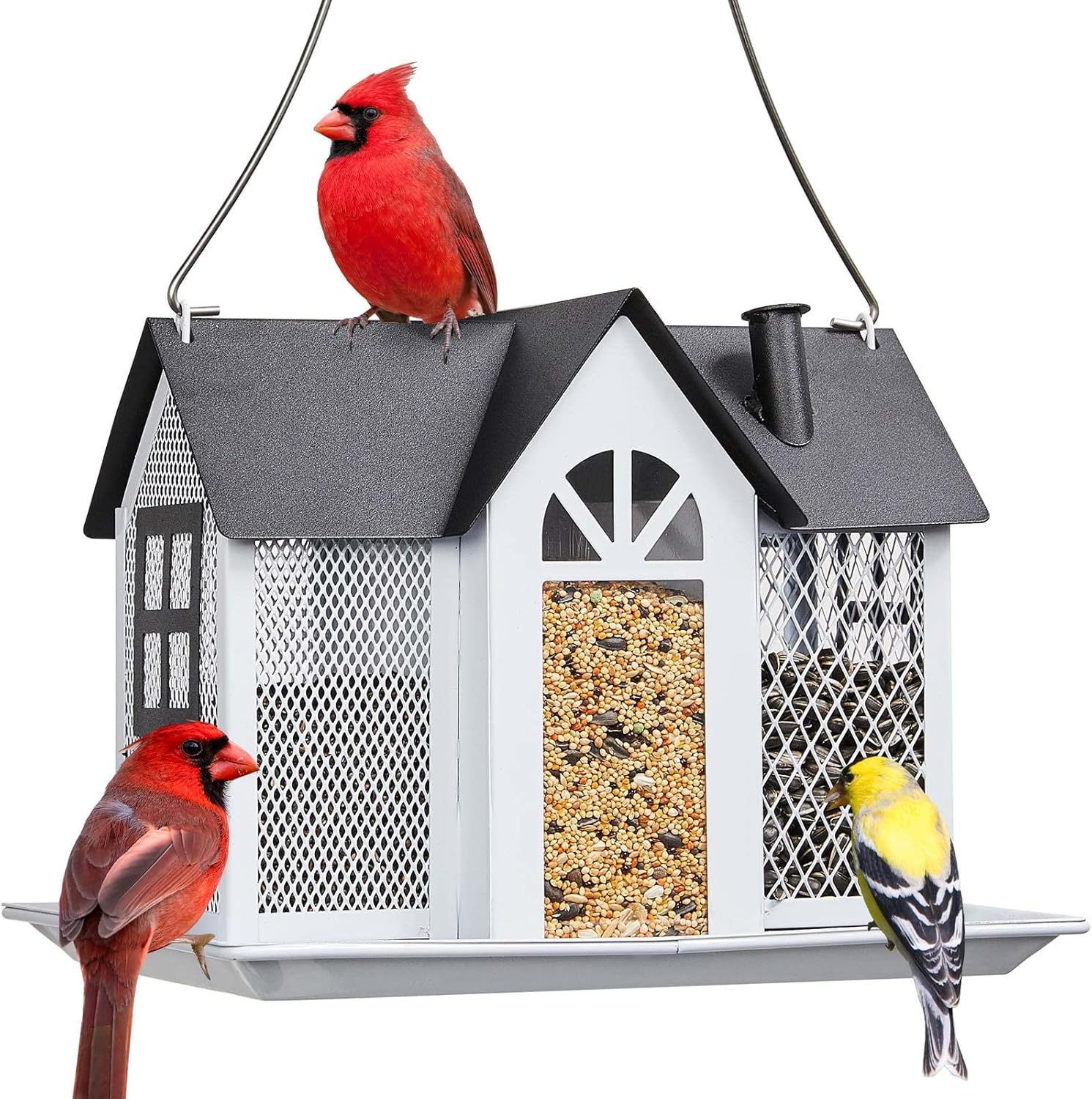 Backyard Birding & Wildlife - Kingsyard Bird Feeder House for Outside, Metal Mesh Wild Bird Feeder with Triple Feeders for Finch Cardinal Chickadee, Large Capacity, Weatherproof and Durable