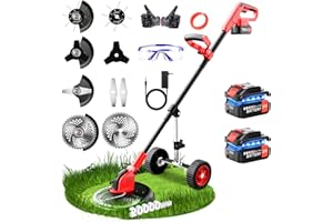 DENQIR 20000 RPM Electric Weed Wacker with Wheel,12″ Brushless Cordless Weed Eater Battery Powered, 4-in-1 Brush Cutter/String Trimmer/Grass Trimmer/Lawn Mower,Edger Stringless Weed Trimmer,5 Blade,2 Battery