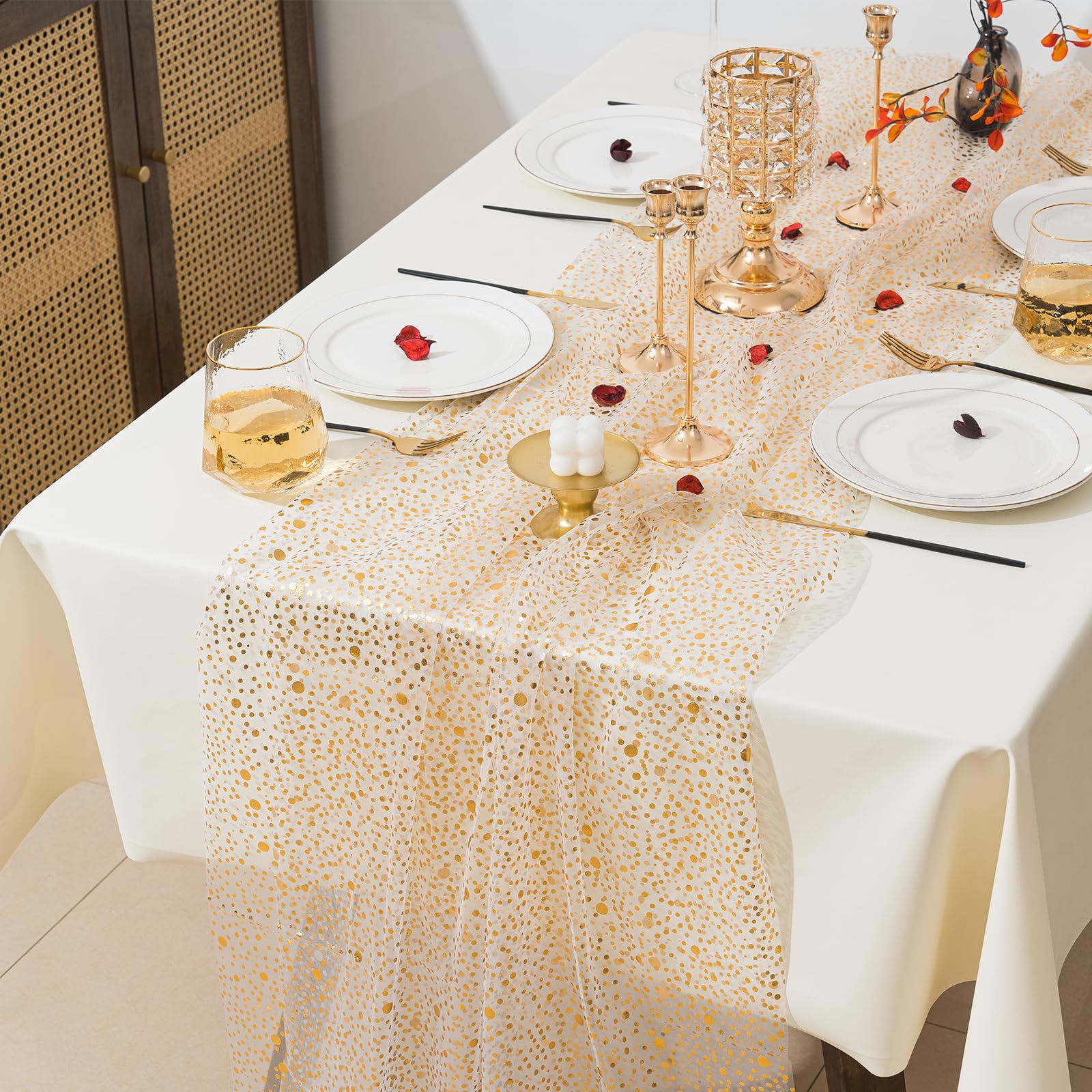 Photo 1 of 10 Pcs Gold Table Runners, 28In x 10 Ft Sheer Chiffon Tulle Cheesecloth with Glitter Metallic Foil, Golden Sequin Gauze Runner for Wedding, Birthday, Baby Shower, Anniversary Party Decor, Polka Dots