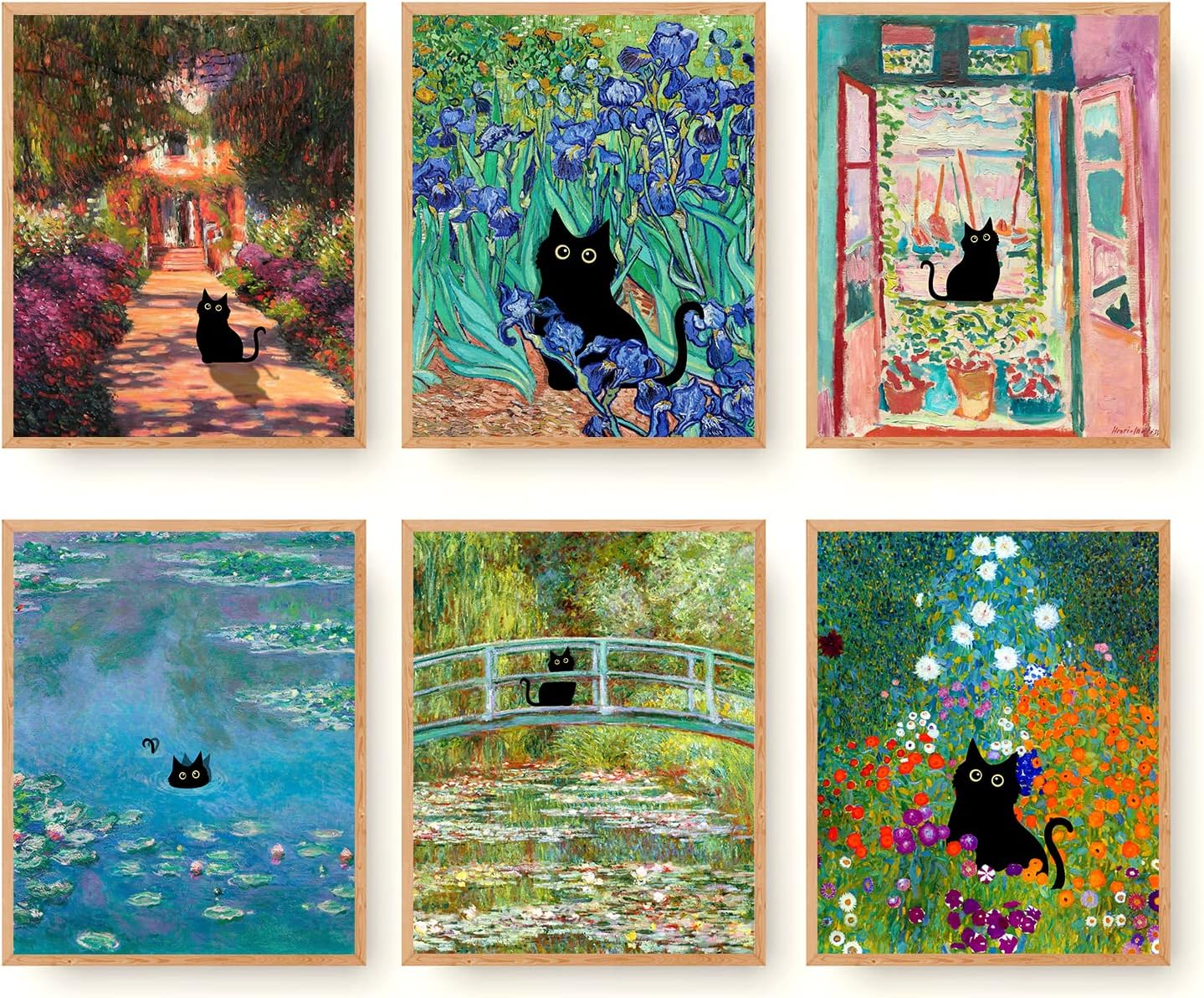 Wall Décor - Funny Black Cat Wall Art Prints Set of 6 Canvas Artwork Cat Lover Posters Gift Cute Room Aesthetic Vintage Floral Matisse Monet Van Gogh for Living Room Bathroom Bedroom Decor (8