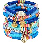 Ornaland 10 Pcs Heishi Surfer Bracelets Set Polymer Clay Heishi Beads Stretch Bracelets Bohemia Summer Beach Jewelry for Women (Blue Series)