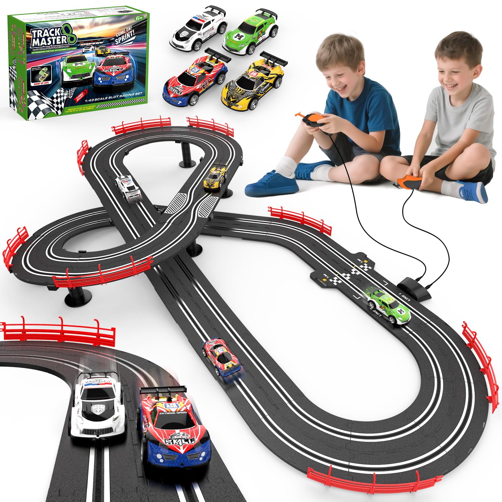 Photo 1 of 3-in-1 Slot Car Race Track Set with 4 High-Speed Cars, Electric Track, Dual Racing Game with Lap Counter & 2 Controllers, and Circular Overpass Design – Toy Gift for Boys Kids Ages 4-6 6-8 8-12