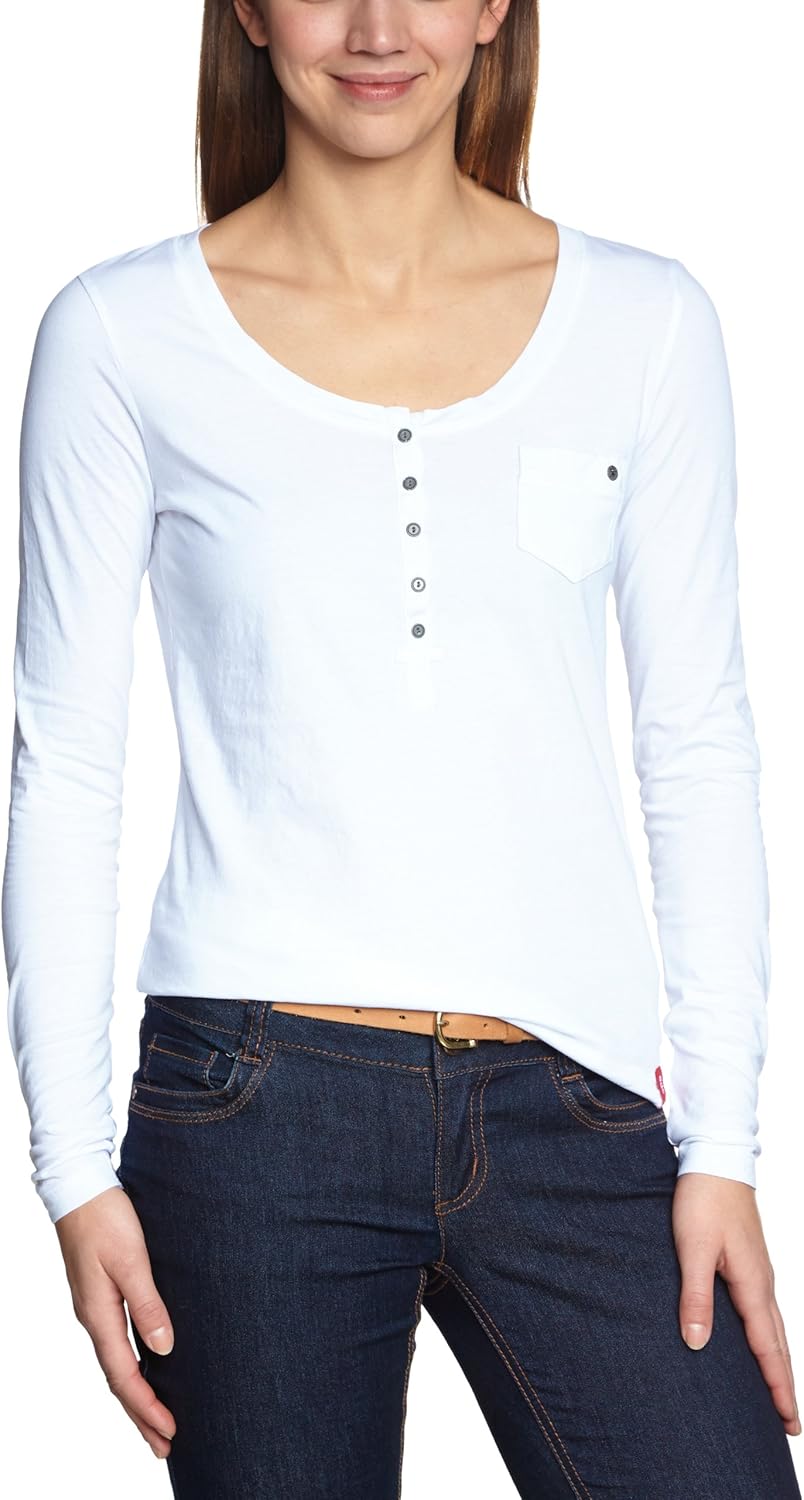 edc by ESPRIT Damen Langarmshirt 023CC1K025, Gr. 38 (M), Weiß (114