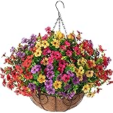 HyeFlora Artificial Faux Hanging Plants Flowers Basket for Summer Outdoor Outside Decoration, Fake Silk UV Sun Resistant Look Real Colorful Daisy Eucalyptus for Porch Home Patio Balcony Yard